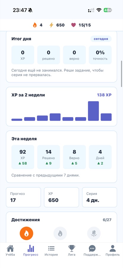 Прогресс за неделю: сколько заданий решено и с какой точностью